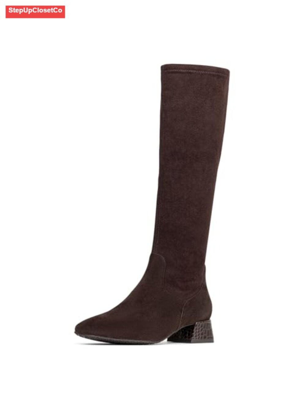 Knee High Stretch Suede Block Heel Boots with Zip Closure